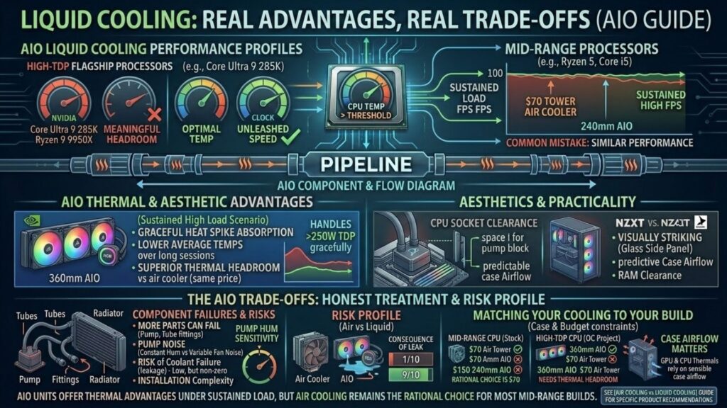 Infographic about liquid cooling for PCs, comparing AIO liquid coolers with air coolers, highlighting thermal advantages under sustained load, aesthetics, installation trade-offs, pump noise, and case airflow considerations.