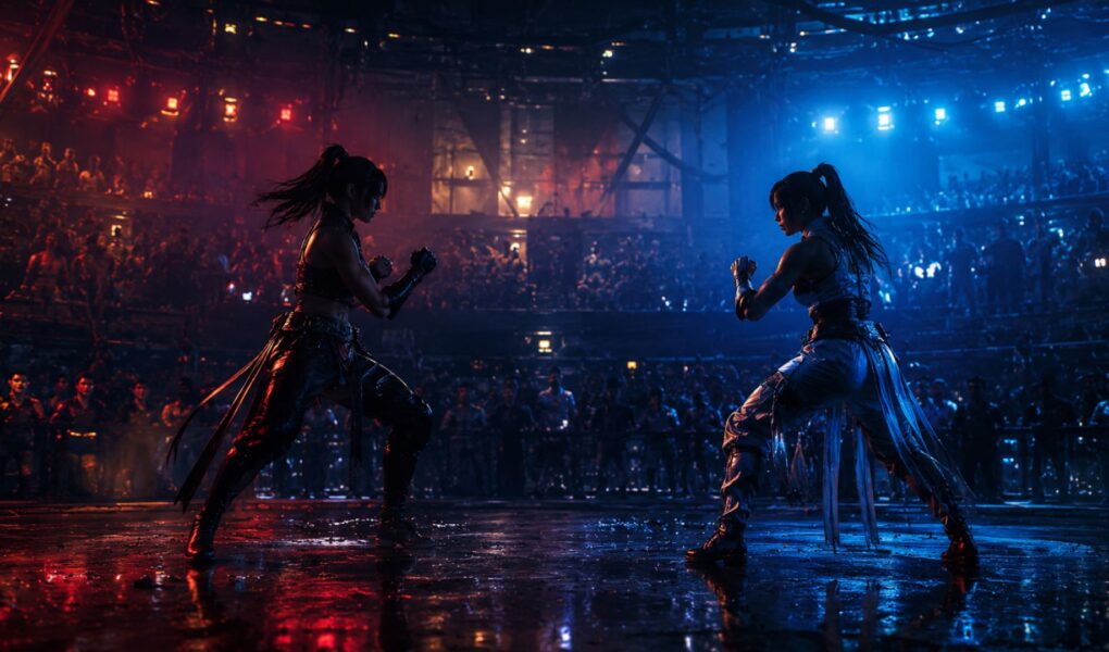 Two silhouetted female fighters face off in a neon-lit Dead or Alive arena, capturing the dramatic atmosphere of the DOA6 Last Round controversy