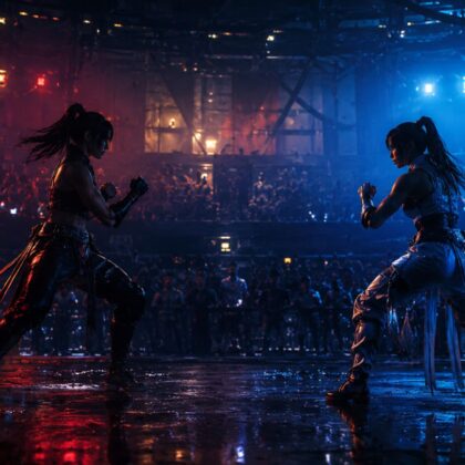 Two silhouetted female fighters face off in a neon-lit Dead or Alive arena, capturing the dramatic atmosphere of the DOA6 Last Round controversy