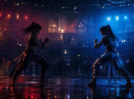 Two silhouetted female fighters face off in a neon-lit Dead or Alive arena, capturing the dramatic atmosphere of the DOA6 Last Round controversy