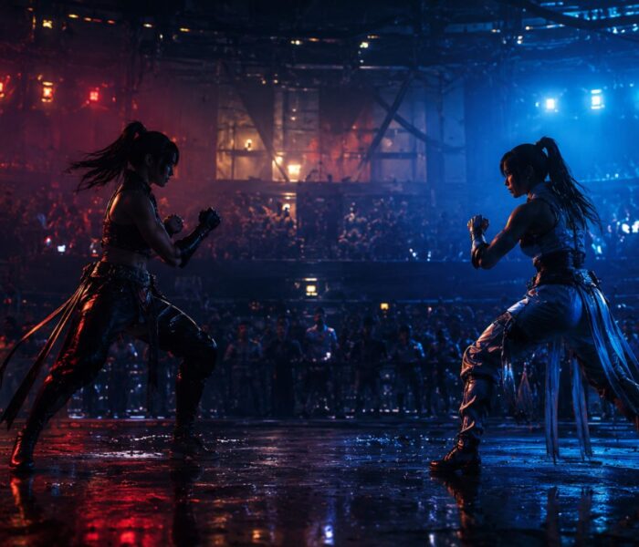 Two silhouetted female fighters face off in a neon-lit Dead or Alive arena, capturing the dramatic atmosphere of the DOA6 Last Round controversy
