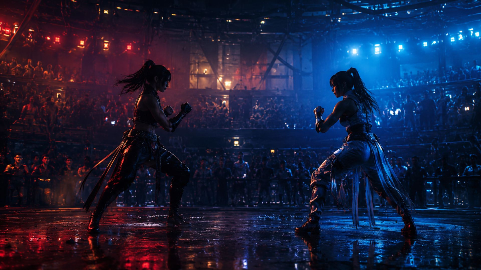 Two silhouetted female fighters face off in a neon-lit Dead or Alive arena, capturing the dramatic atmosphere of the DOA6 Last Round controversy