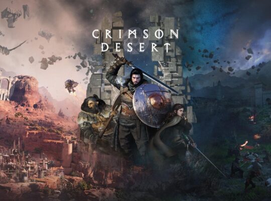 Cinematic fantasy scene for “Crimson Desert,” showing a central armored warrior with companions, a red desert region on the left, a darker stormy region on the right, floating ruins, dragons, and a split-world atmosphere.