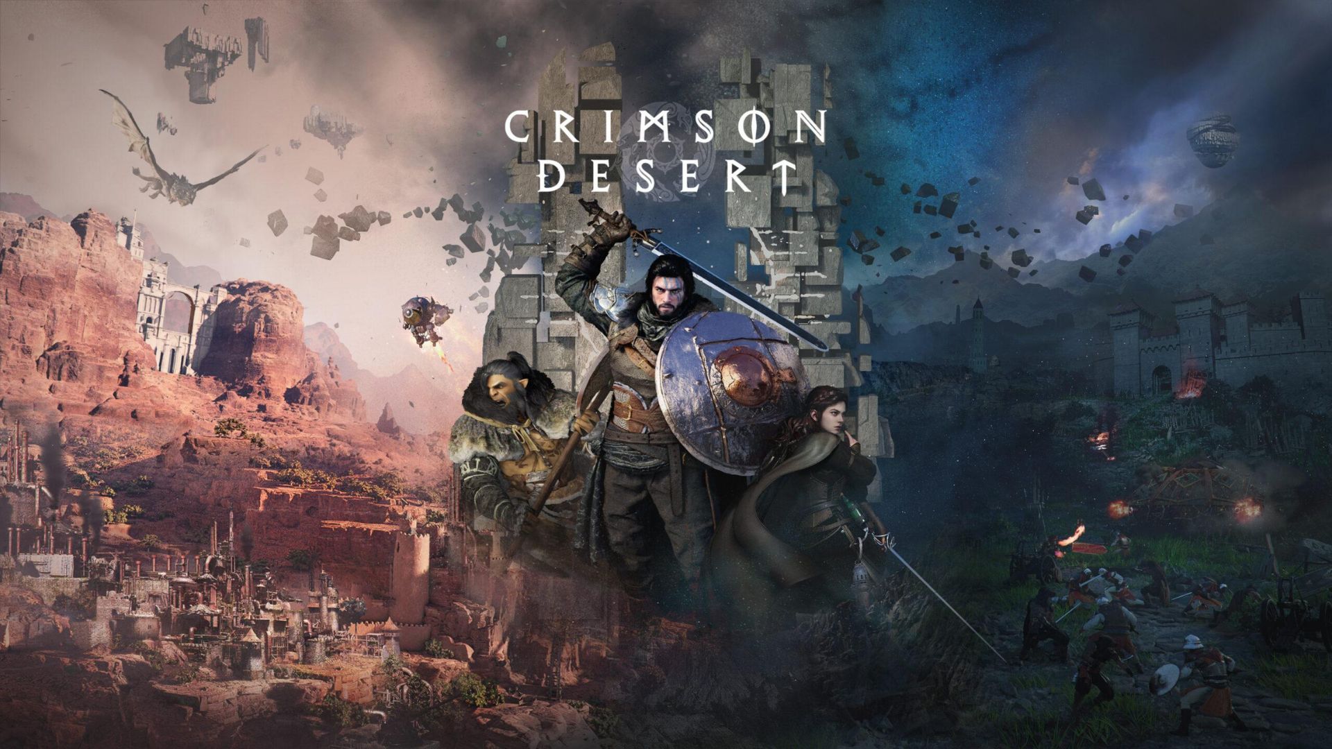 Cinematic fantasy scene for “Crimson Desert,” showing a central armored warrior with companions, a red desert region on the left, a darker stormy region on the right, floating ruins, dragons, and a split-world atmosphere.