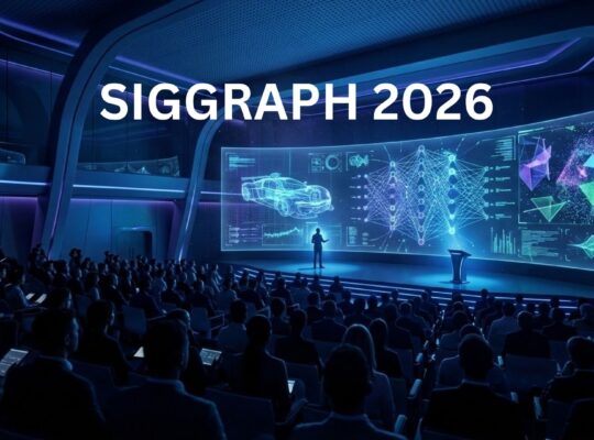 Researchers and developers gather at a futuristic graphics conference hall with holographic displays showing real-time rendering demos, representing SIGGRAPH 2026 in Los Angeles
