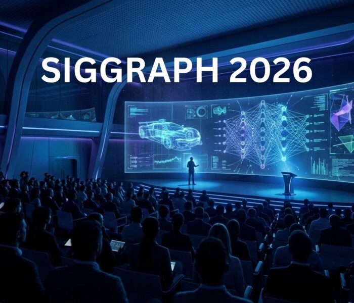 Researchers and developers gather at a futuristic graphics conference hall with holographic displays showing real-time rendering demos, representing SIGGRAPH 2026 in Los Angeles