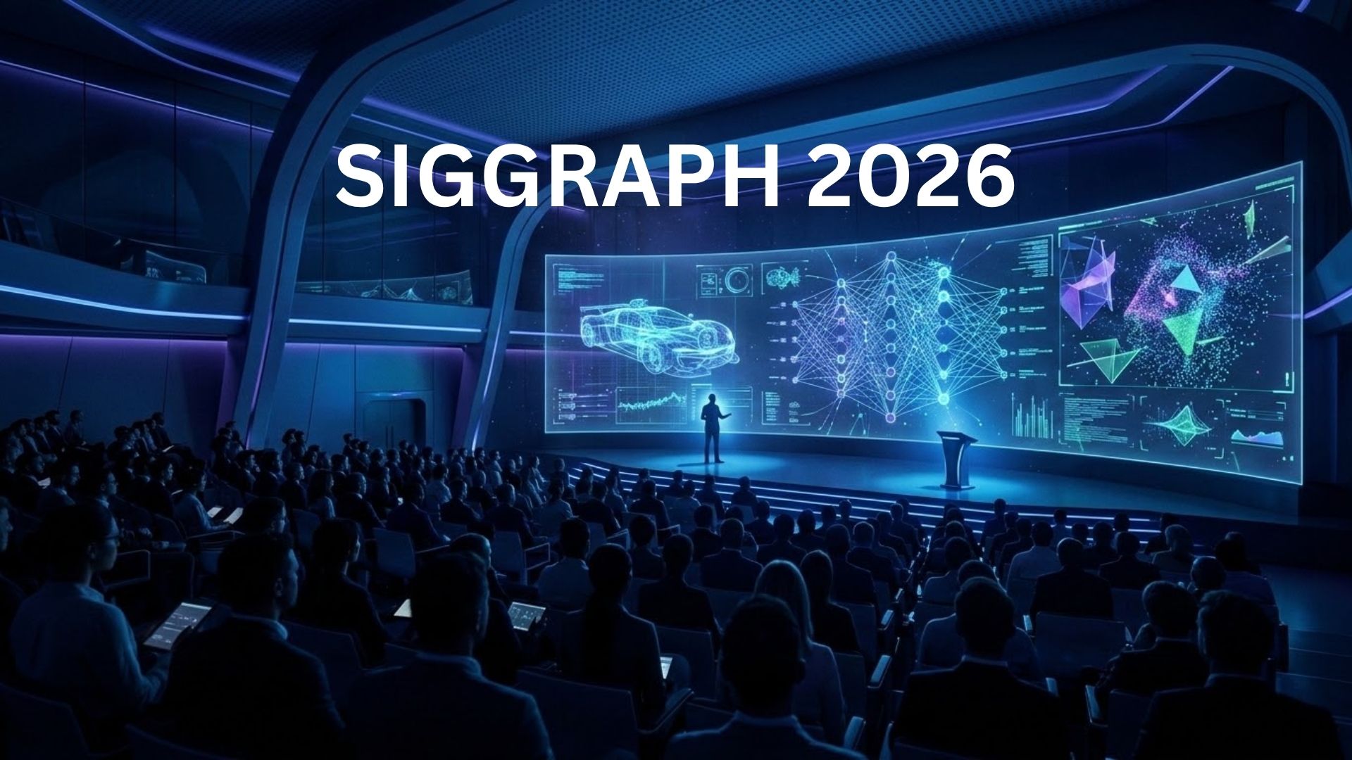Researchers and developers gather at a futuristic graphics conference hall with holographic displays showing real-time rendering demos, representing SIGGRAPH 2026 in Los Angeles