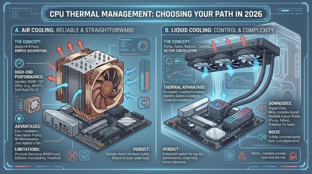 Infographic comparing air cooling and liquid cooling for CPUs in 2026 builds, outlining each method’s concept, performance, advantages, limitations, and verdict.