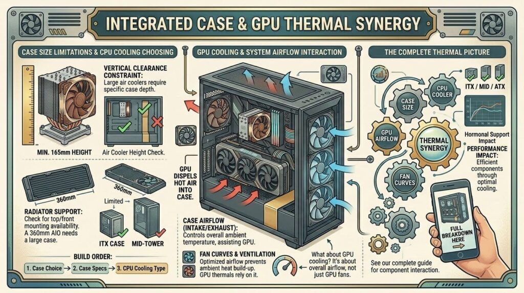 Infographic showing how PC case size, CPU cooling, GPU airflow, and fan curves work together, with guidance on radiator support, case clearance, and overall thermal synergy.