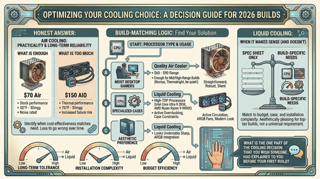 Infographic comparing air cooling and liquid cooling for PC builds, explaining when air cooling is enough, when liquid cooling makes sense, and how to choose based on processor type, usage, budget, and aesthetics.
