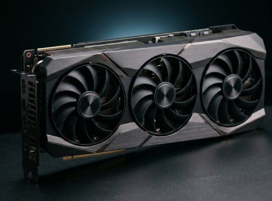 A high-end gaming graphics card with three fans on its cooling shroud resting on a dark surface with dramatic blue-tinted side lighting for a 2026 GPU buying guide