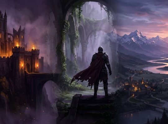 Cinematic composite illustration of fantasy RPG landscapes representing the best PC role-playing games ranked for 2026