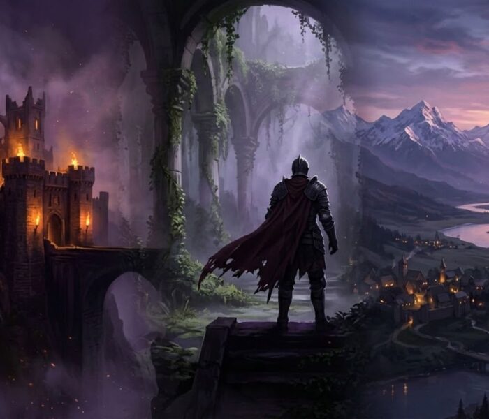 Cinematic composite illustration of fantasy RPG landscapes representing the best PC role-playing games ranked for 2026