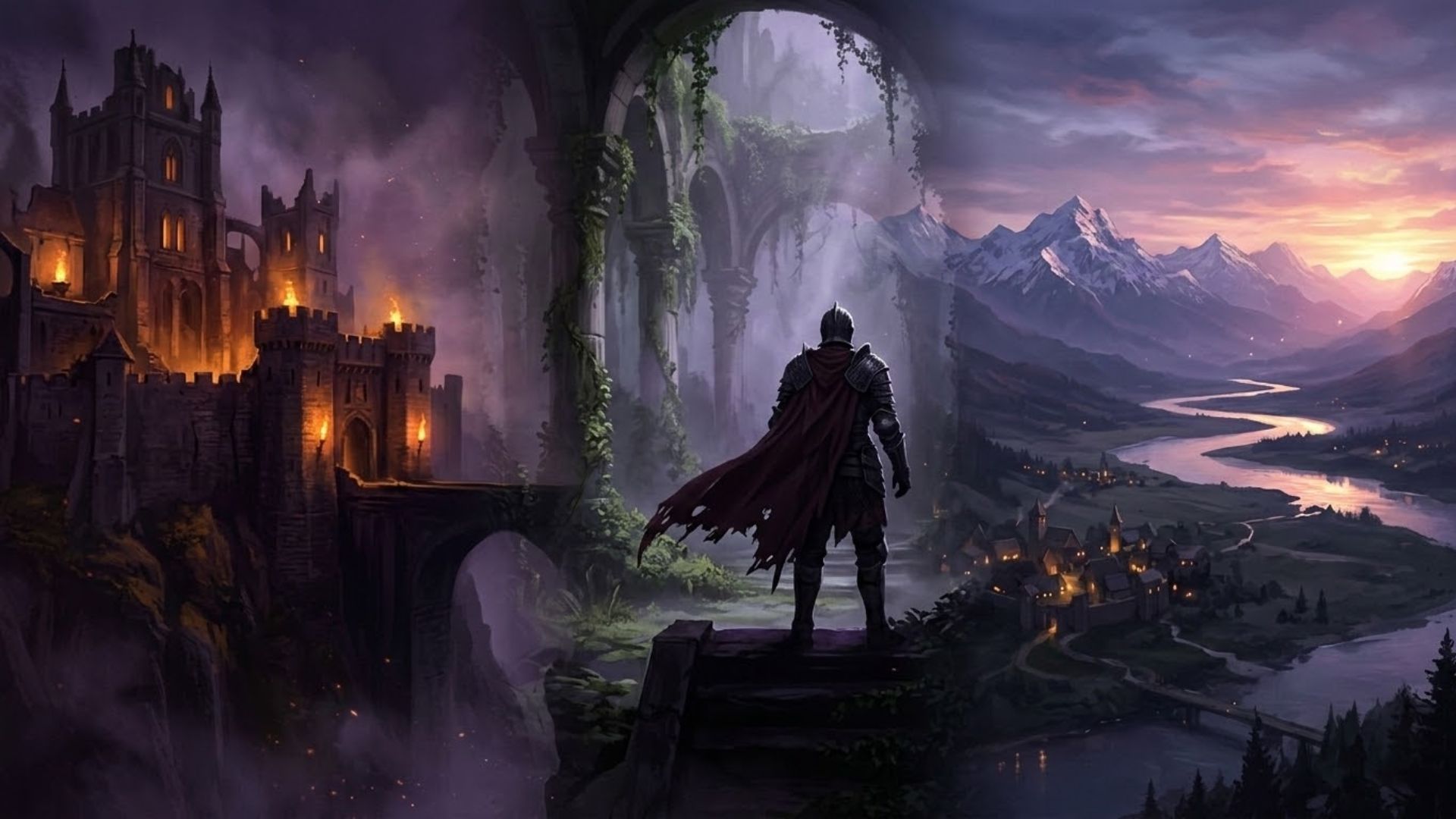 Cinematic composite illustration of fantasy RPG landscapes representing the best PC role-playing games ranked for 2026
