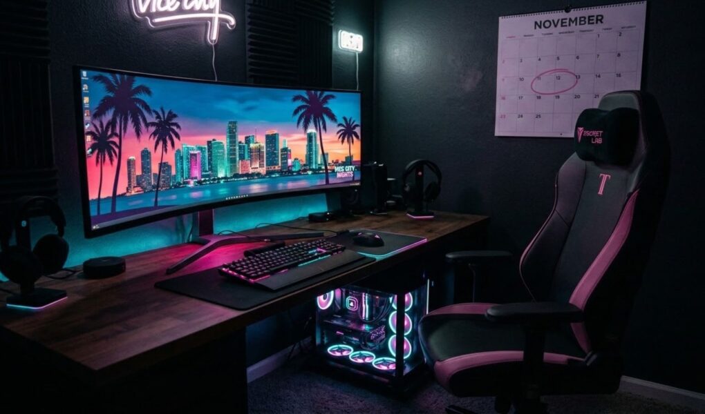A gaming PC displaying a neon Vice City style skyline, symbolizing the uncertain GTA 6 PC release date after the console launch.
