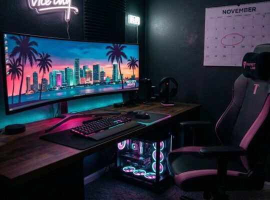 A gaming PC displaying a neon Vice City style skyline, symbolizing the uncertain GTA 6 PC release date after the console launch.
