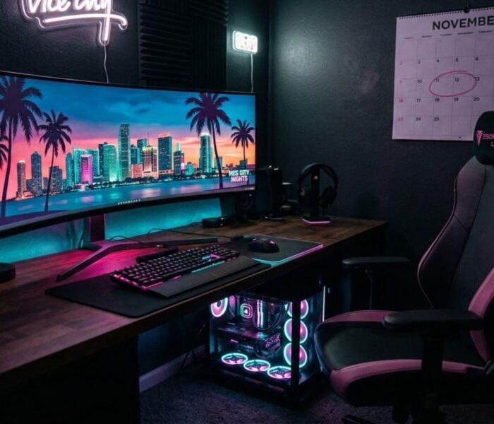 A gaming PC displaying a neon Vice City style skyline, symbolizing the uncertain GTA 6 PC release date after the console launch.