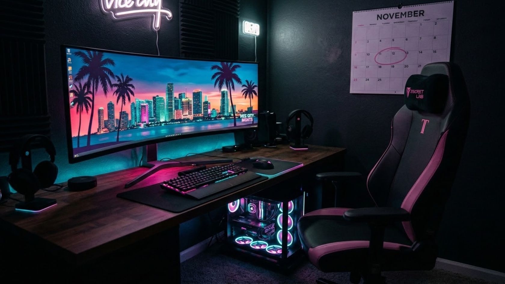 A gaming PC displaying a neon Vice City style skyline, symbolizing the uncertain GTA 6 PC release date after the console launch.