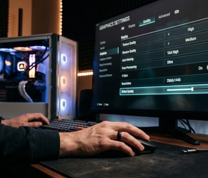 A gamer adjusting graphics settings sliders on a PC options menu after installing a game update.