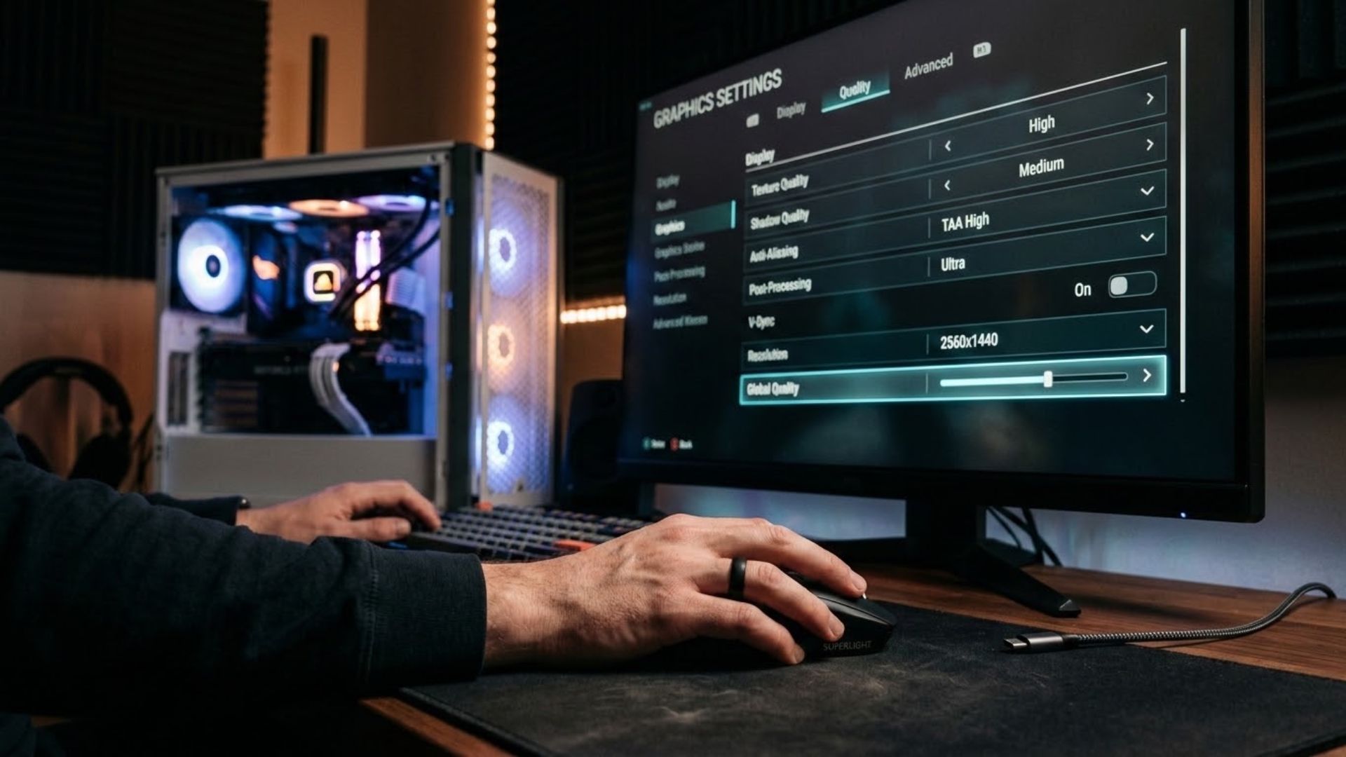 A gamer adjusting graphics settings sliders on a PC options menu after installing a game update.