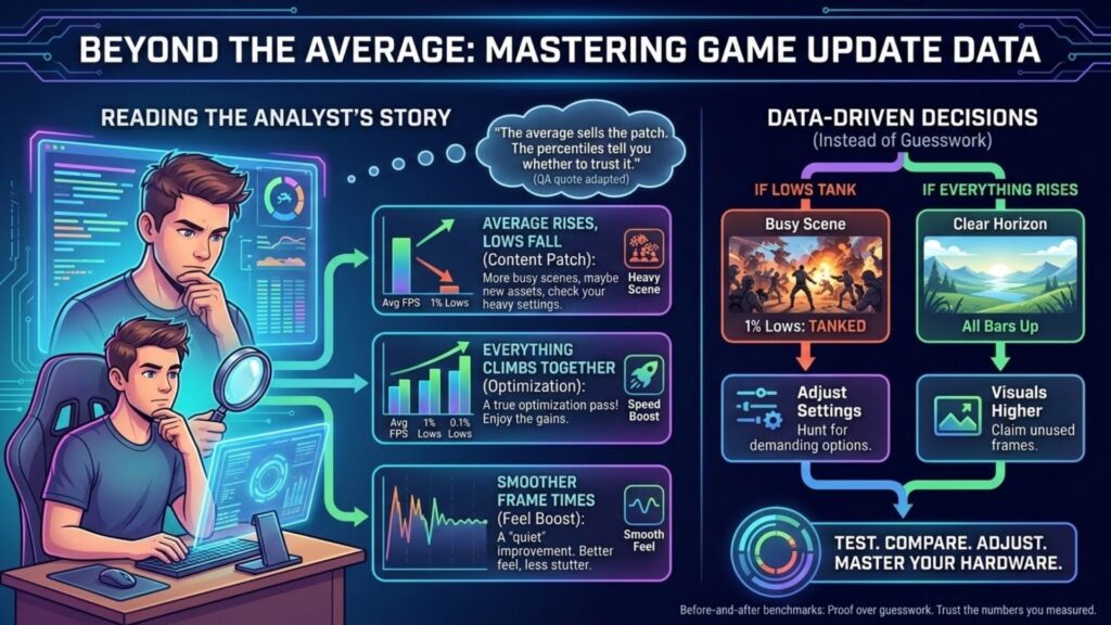 Benchmark chart showing average FPS rising while 1% lows fall after an update