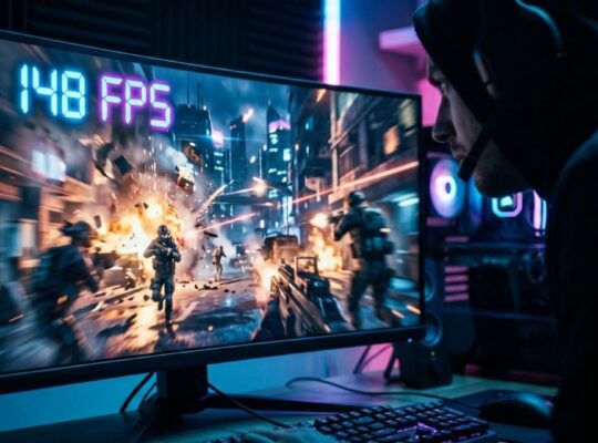 A gamer leaning toward a monitor to check the FPS counter during an intense scene after installing a game update.
