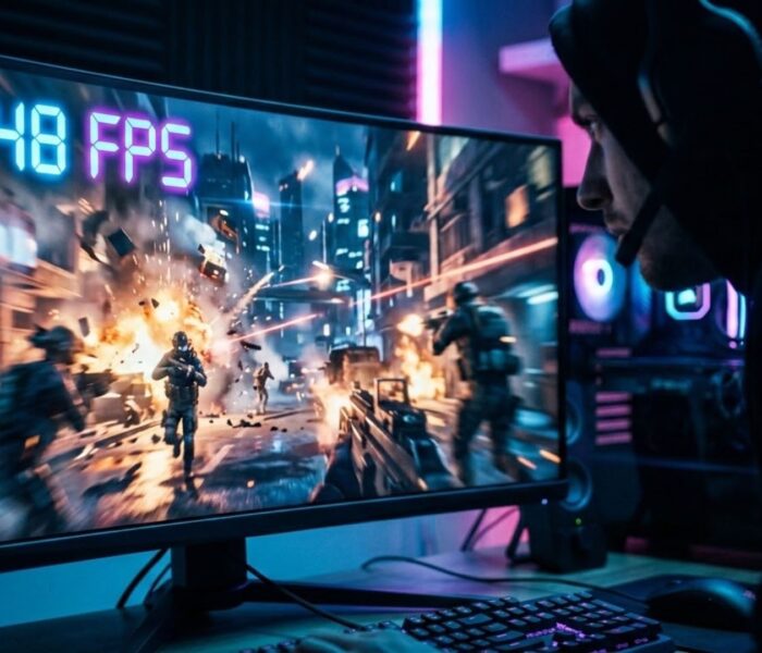 A gamer leaning toward a monitor to check the FPS counter during an intense scene after installing a game update.