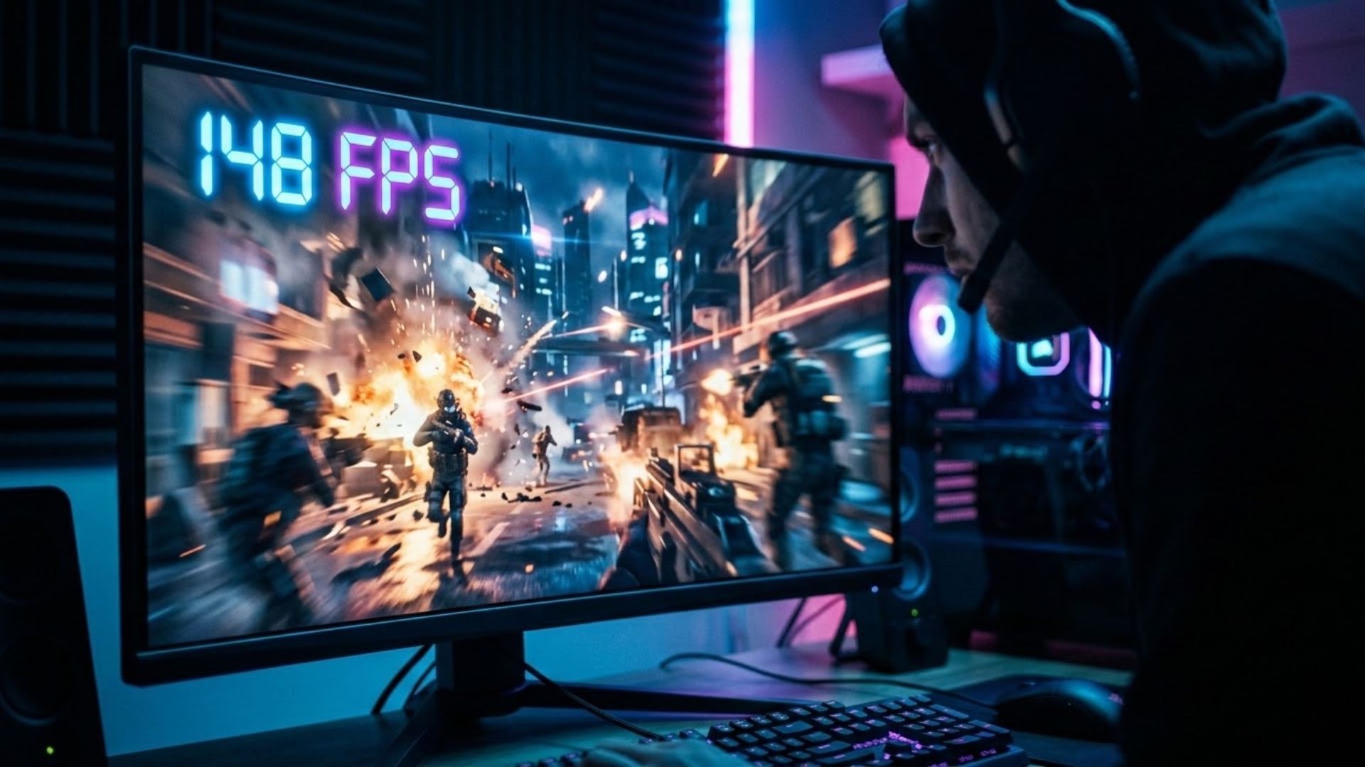 A gamer leaning toward a monitor to check the FPS counter during an intense scene after installing a game update.
