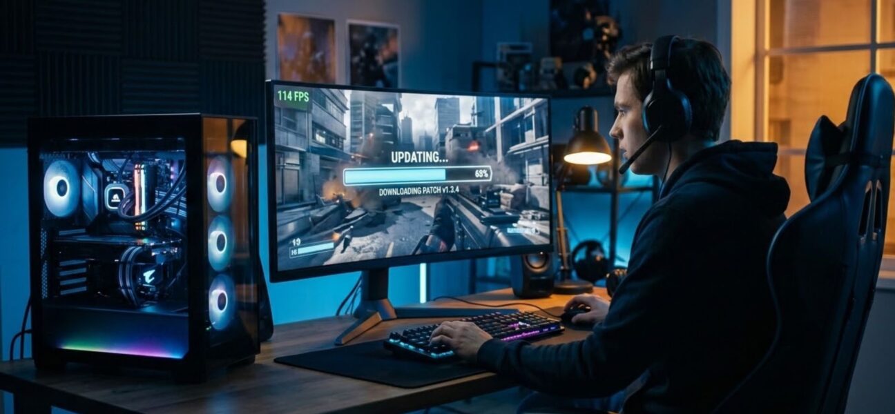 A gamer watching a game update install on an ultrawide monitor with an FPS counter and progress bar, on a PC setup in a dim room.