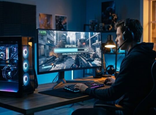 A gamer watching a game update install on an ultrawide monitor with an FPS counter and progress bar, on a PC setup in a dim room.