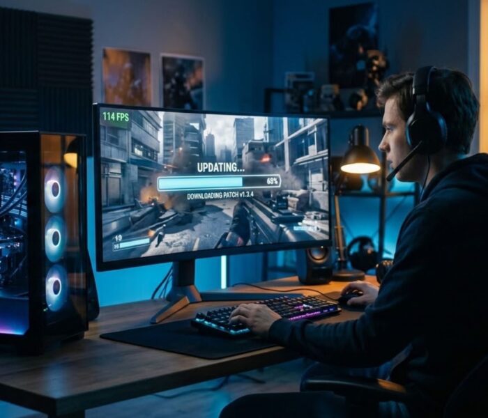 A gamer watching a game update install on an ultrawide monitor with an FPS counter and progress bar, on a PC setup in a dim room.