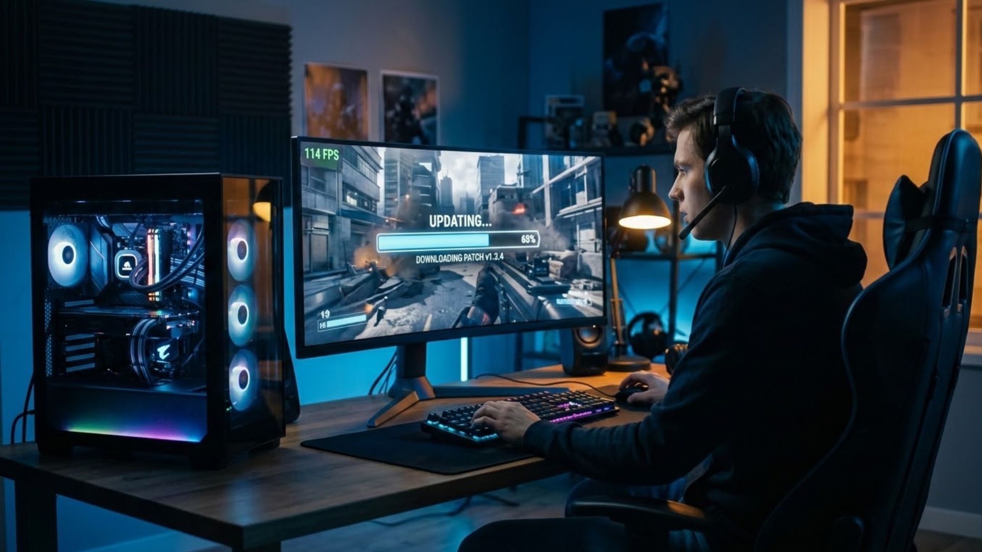 A gamer watching a game update install on an ultrawide monitor with an FPS counter and progress bar, on a PC setup in a dim room.