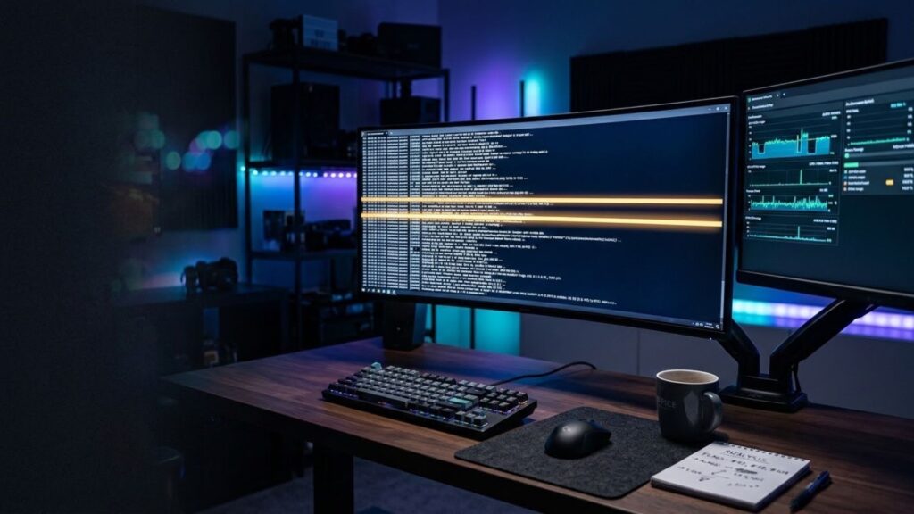 Gaming PC monitor displaying game patch notes with performance overlay showing GPU and CPU usage