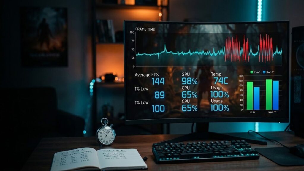 Benchmark overlay comparing average FPS and 1% lows before and after a game update on PC
