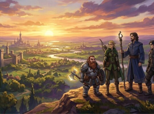 Fantasy party of adventurers overlooking a kingdom at sunset representing the best JRPGs on PC in 2026