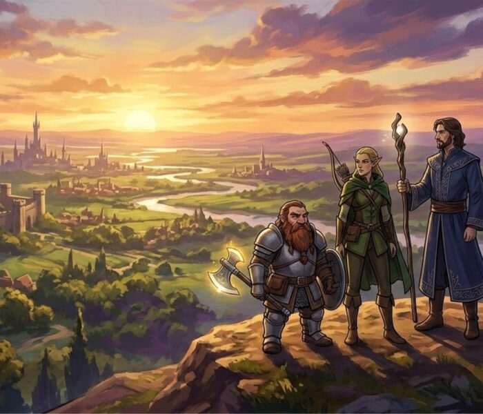 Fantasy party of adventurers overlooking a kingdom at sunset representing the best JRPGs on PC in 2026