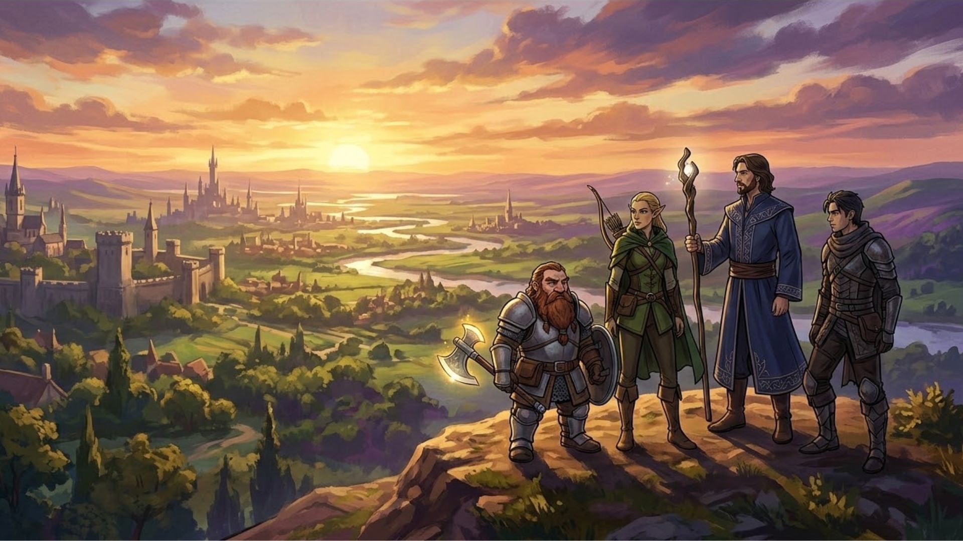Fantasy party of adventurers overlooking a kingdom at sunset representing the best JRPGs on PC in 2026