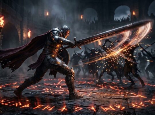 Armored warrior mid combat against enemies in a dark fantasy arena representing top action RPGs on PC in 2026