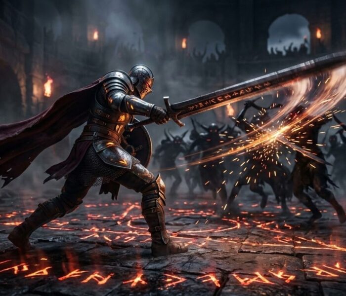 Armored warrior mid combat against enemies in a dark fantasy arena representing top action RPGs on PC in 2026