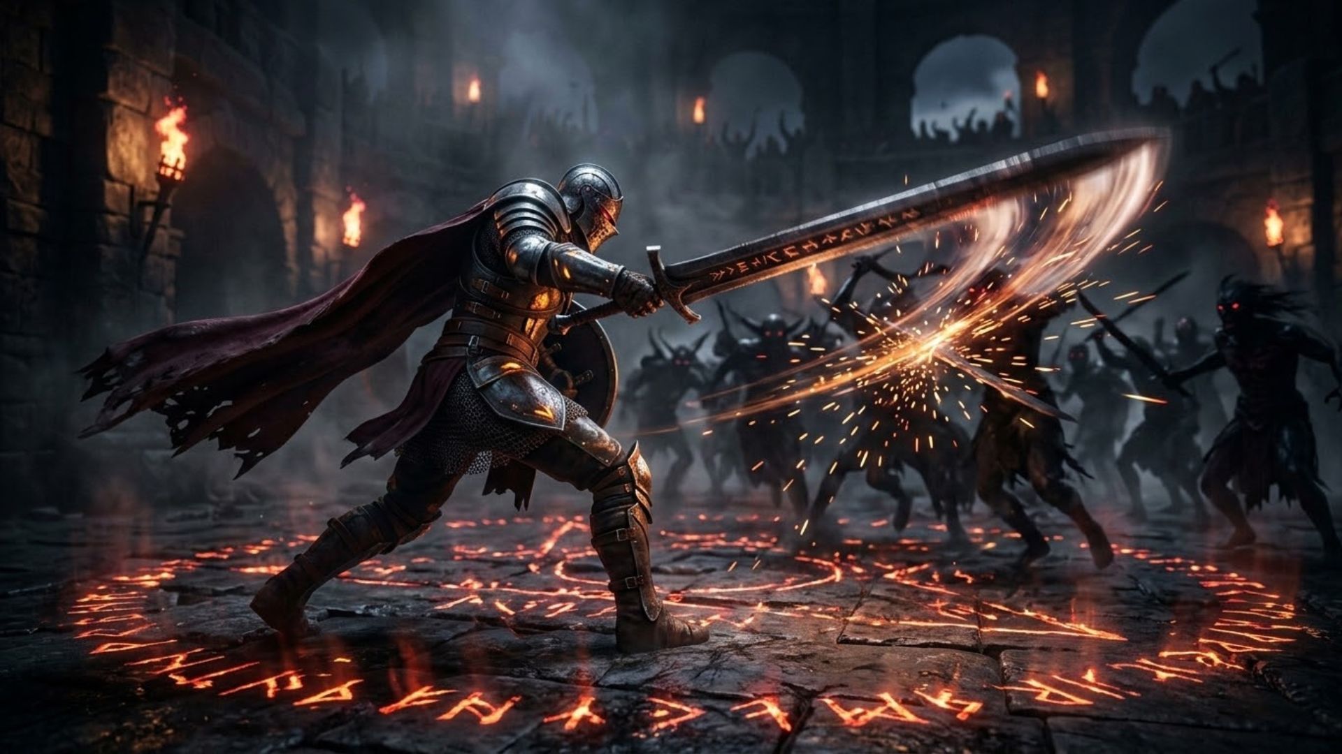 Armored warrior mid combat against enemies in a dark fantasy arena representing top action RPGs on PC in 2026