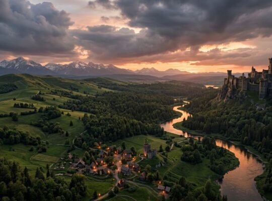 Aerial view of a vast fantasy landscape at sunset representing the best open-world RPGs on PC in 2026