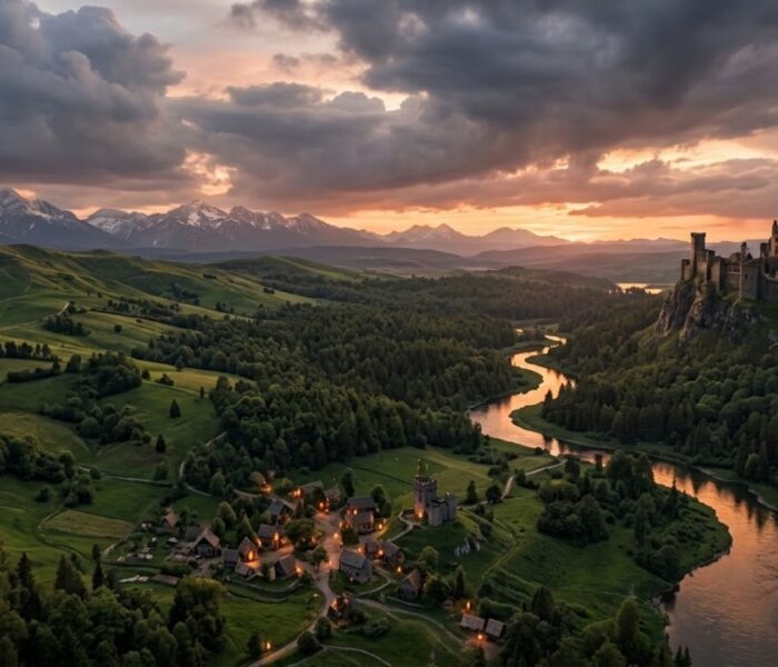 Aerial view of a vast fantasy landscape at sunset representing the best open-world RPGs on PC in 2026