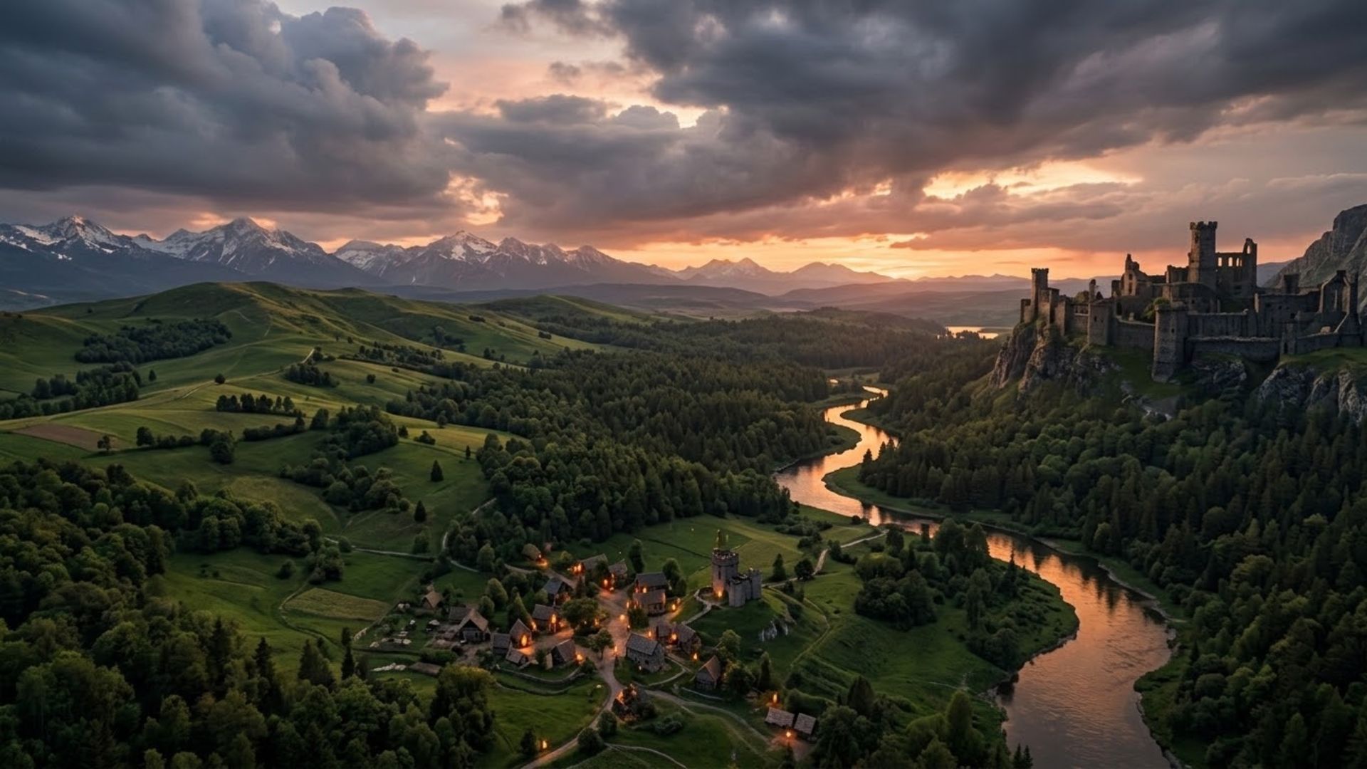 Aerial view of a vast fantasy landscape at sunset representing the best open-world RPGs on PC in 2026