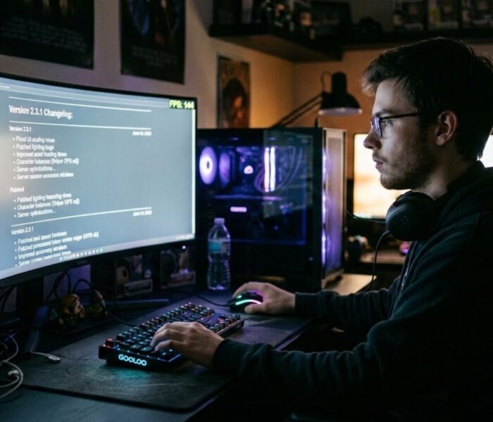 A gamer studying a game update changelog on an ultrawide monitor with an on-screen FPS counter in a dim room.
