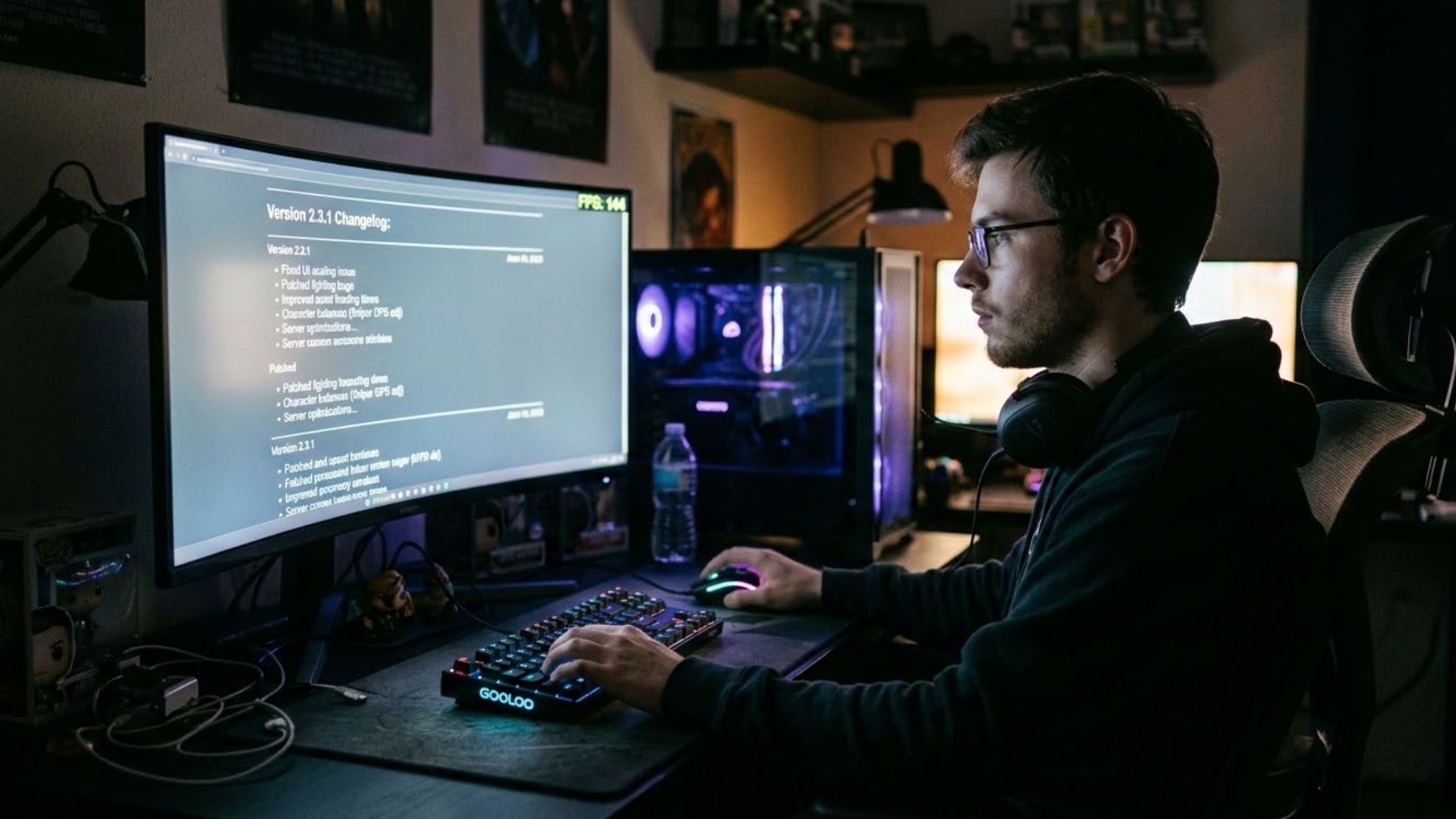 A gamer studying a game update changelog on an ultrawide monitor with an on-screen FPS counter in a dim room.