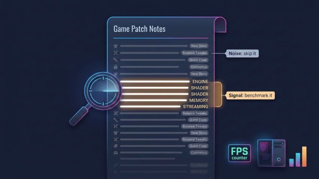 An infographic showing a game patch-notes document where cosmetic and balance lines are dimmed while the performance-critical words engine, shader, memory, and streaming glow under a scanning highlighter, with a PC and FPS counter nearby.