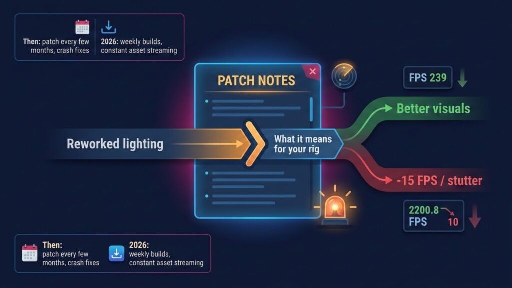 An infographic showing a game patch-notes panel being decoded into real outcomes, with the line "reworked lighting" branching into better visuals or a fifteen-FPS drop, plus a timeline contrasting old and modern update cadence.