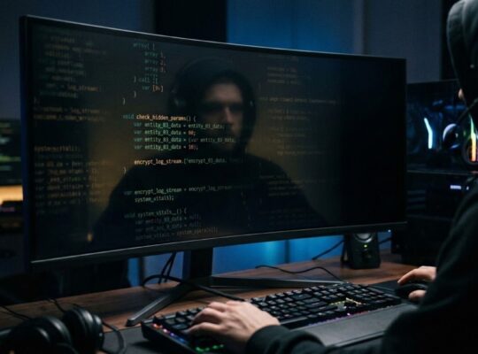 A game changelog on a monitor with faint hidden code lines emerging from the dark, symbolizing undocumented update changes.