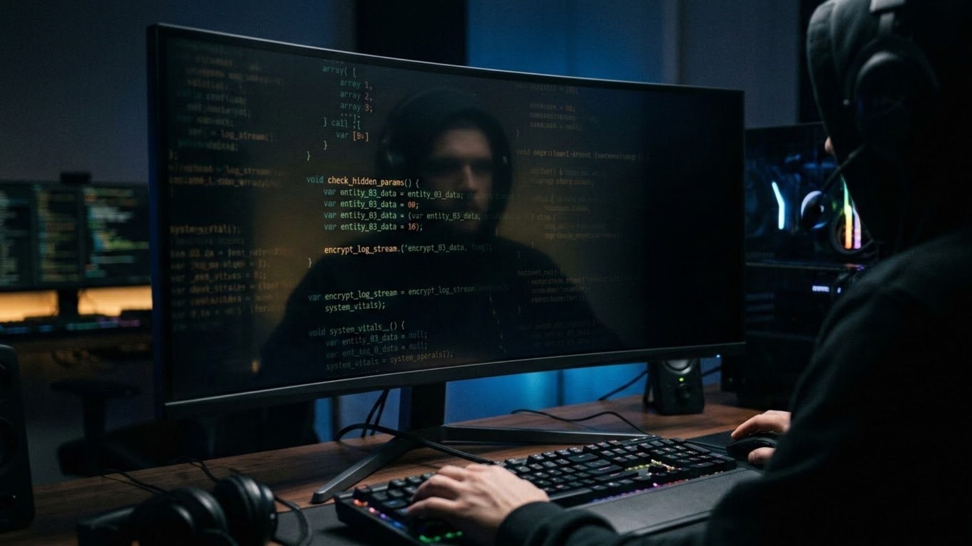 A game changelog on a monitor with faint hidden code lines emerging from the dark, symbolizing undocumented update changes.