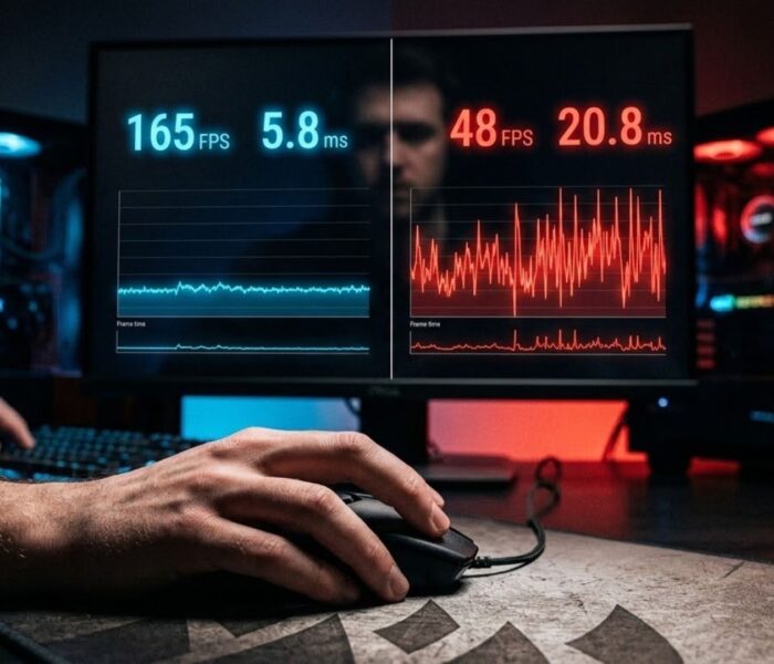 A comparison of smooth versus jagged frame-time graphs on a gaming PC showing performance before and after an update.